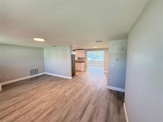 Empty room, Interior, Kitchen, Recessed Lighting, Wood Texture Flooring