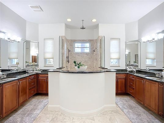 Bathroom, Dual Sink Vanities, Glass Shower, Interior, Kitchen, Marble, Marble Walls, Recessed Lighting
