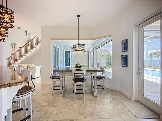 Dining room, Interior, Marble, Pendant Lights