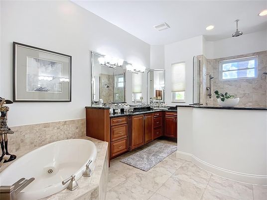Bathroom, Dual Sink Vanities, Interior, Marble, Recessed Lighting