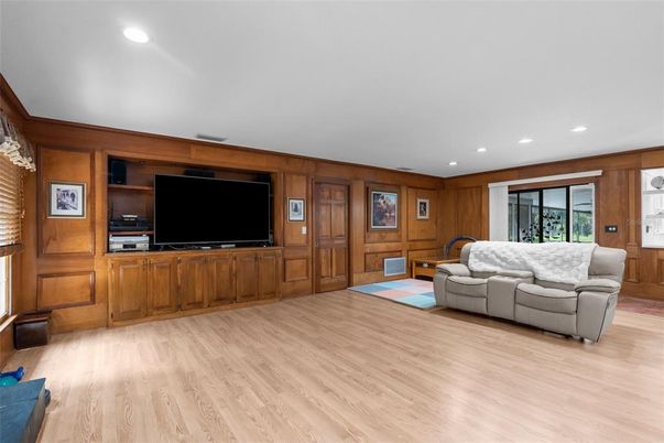 Interior, Living room, Recessed Lighting, Wood Texture Flooring, Wooden Walls