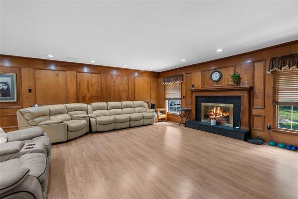 Fireplace, Interior, Living room, Recessed Lighting, Wood Texture Flooring, Wooden Walls