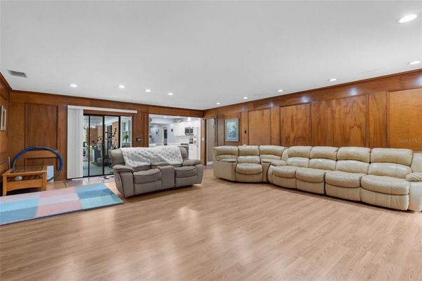 Interior, Living room, Recessed Lighting, Wood Texture Flooring, Wooden Walls