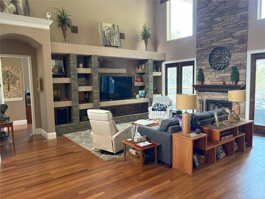Fireplace, Interior, Living room, Stone Walls, Wood Texture Flooring