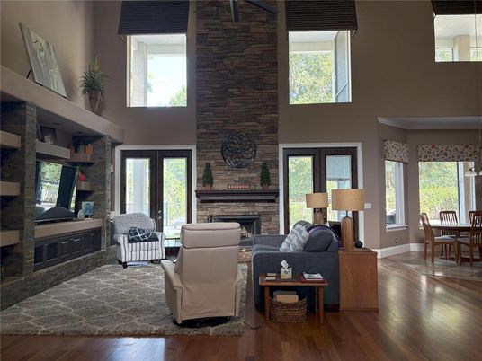 Dining room, Fireplace, Interior, Living room, Stone Walls, Wood Texture Flooring