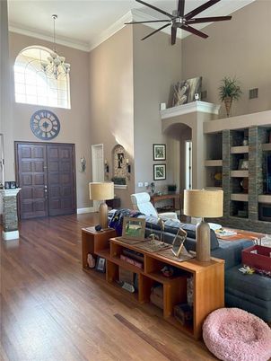 Fireplace, Interior, Living room, Pendant Lights, Wood Texture Flooring