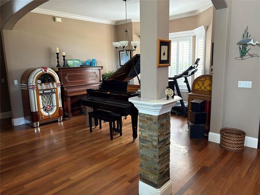 Chandelier, Interior, Pendant Lights, Piano, Wood Texture Flooring
