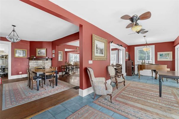 Dining room, Interior, Pendant Lights, Piano, Wood Texture Flooring