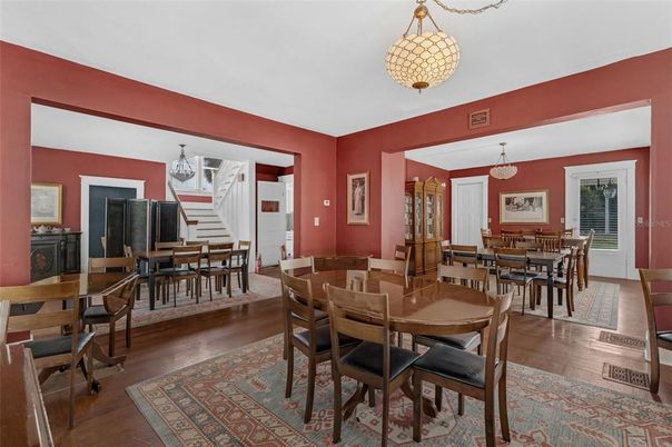Dining room, Interior, Pendant Lights, Wood Texture Flooring