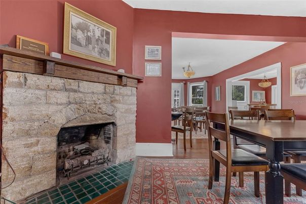 Dining room, Fireplace, Interior, Wood Texture Flooring