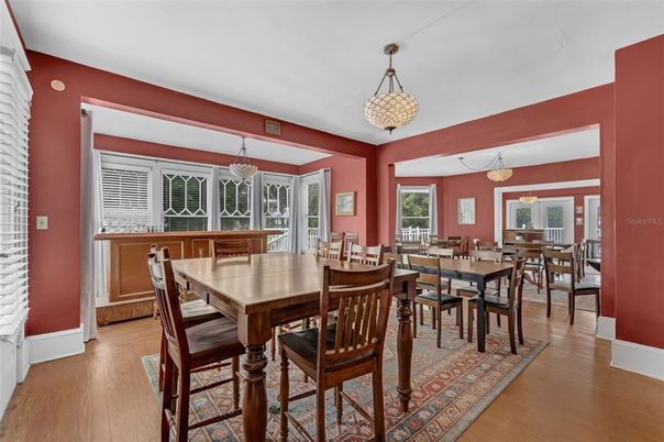 Dining room, Interior, Pendant Lights, Wood Texture Flooring