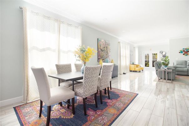 Dining room, Interior, Living room, Recessed Lighting, Wood Texture Flooring