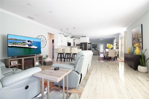 Dining room, Interior, Kitchen, Living room, Pendant Lights, Recessed Lighting, Wood Texture Flooring