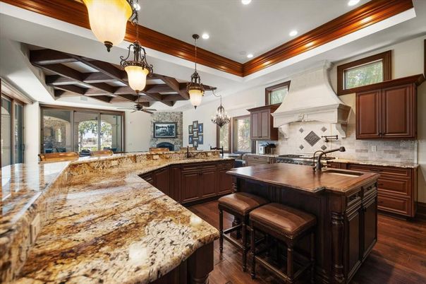 Chandelier, Interior, Kitchen, Pendant Lights, Recessed Lighting, Wood Texture Flooring