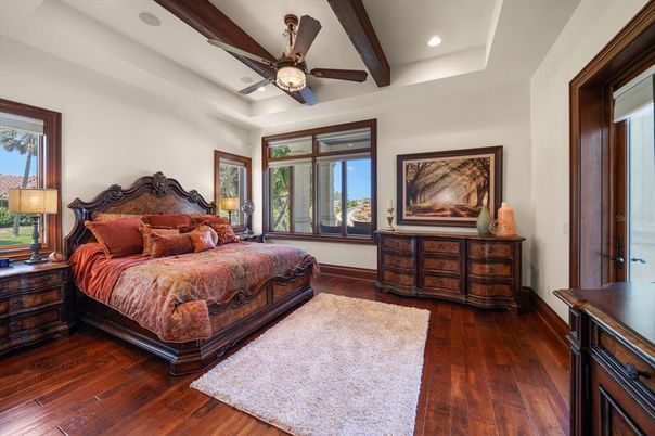 Bedroom, Interior, Recessed Lighting, Wooden Beams, Wood Texture Flooring