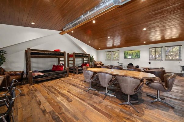Dining room, Fireplace, Interior, Recessed Lighting, Wooden Ceilings, Wood Texture Flooring