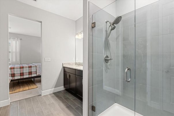 Bathroom, Glass Shower, Interior, Wood Texture Flooring