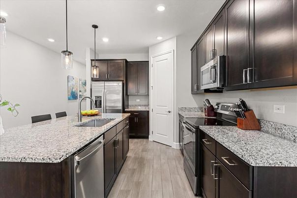 Interior, Kitchen, Pendant Lights, Recessed Lighting, Stainless Steel Appliances, Wood Texture Flooring