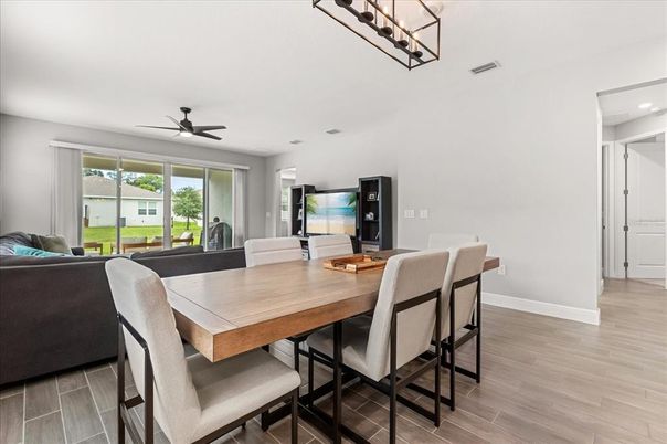 Dining room, Interior, Living room, Recessed Lighting, Wood Texture Flooring