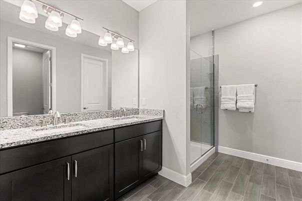Bathroom, Glass Shower, Interior, Recessed Lighting, Wood Texture Flooring
