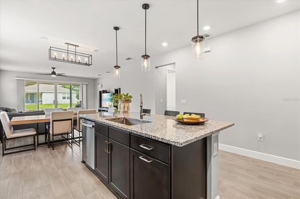 Dining room, Interior, Kitchen, Pendant Lights, Recessed Lighting, Wood Texture Flooring