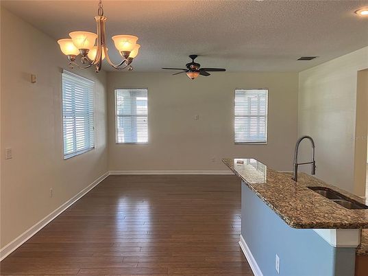 Chandelier, Empty room, Interior, Recessed Lighting, Wood Texture Flooring