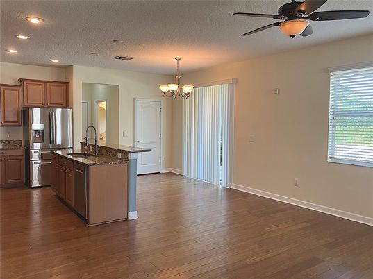 Chandelier, Interior, Kitchen, Recessed Lighting, Wood Texture Flooring