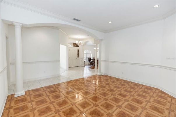 Chandelier, Empty room, Interior, Recessed Lighting, Wood Texture Flooring