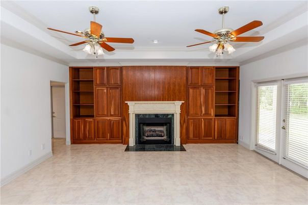 Empty room, Fireplace, Interior, Recessed Lighting, Wooden Walls