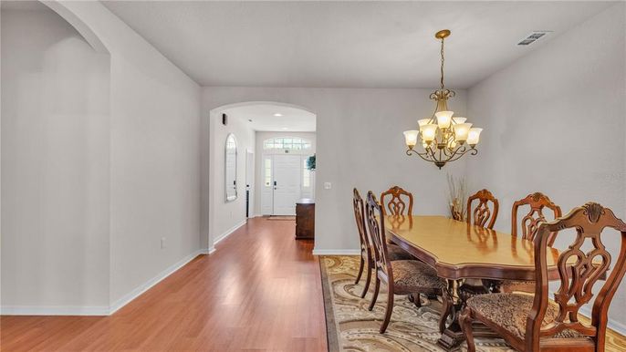 Chandelier, Dining room, Interior, Recessed Lighting, Wood Texture Flooring