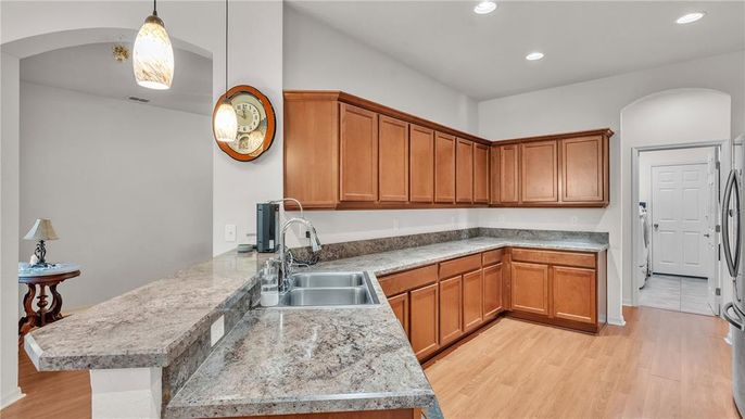 Interior, Kitchen, Pendant Lights, Recessed Lighting, Wood Texture Flooring