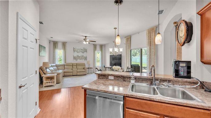 Dining room, Interior, Kitchen, Living room, Pendant Lights, Wood Texture Flooring