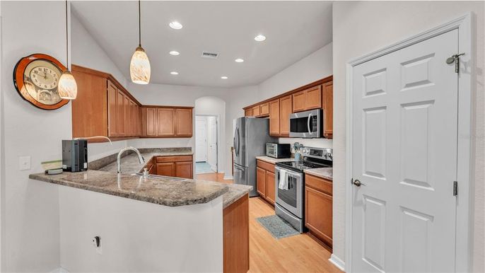 Interior, Kitchen, Pendant Lights, Recessed Lighting, Wood Texture Flooring