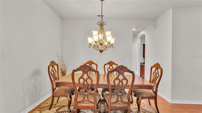 Chandelier, Dining room, Interior, Recessed Lighting, Wood Texture Flooring