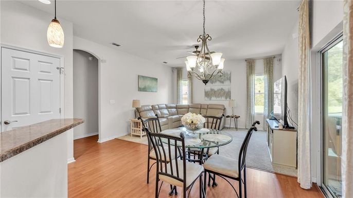 Chandelier, Dining room, Interior, Pendant Lights, Wood Texture Flooring