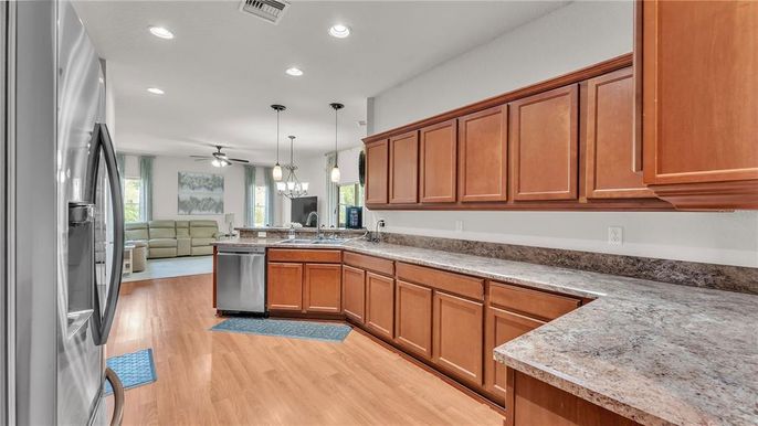 Interior, Kitchen, Pendant Lights, Recessed Lighting, Wood Texture Flooring