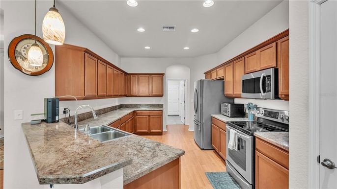 Interior, Kitchen, Recessed Lighting, Wood Texture Flooring