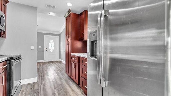 Interior, Kitchen, Recessed Lighting, Stainless Steel Appliances, Wood Texture Flooring