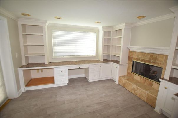 Fireplace, Interior, Recessed Lighting, Wood Texture Flooring