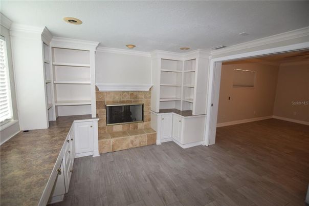 Empty room, Fireplace, Interior, Recessed Lighting, Wood Texture Flooring