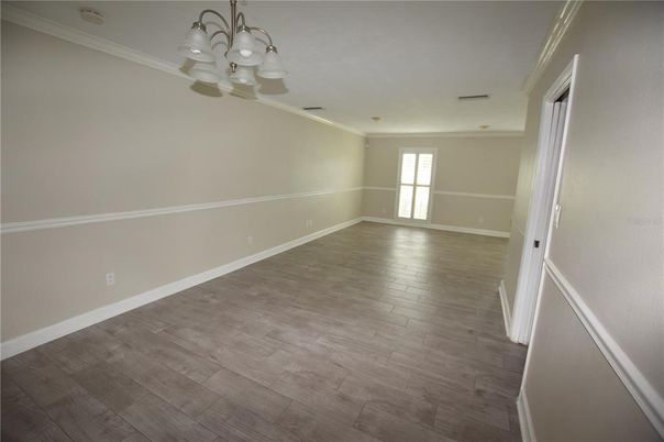 Chandelier, Empty room, Interior, Recessed Lighting, Wood Texture Flooring
