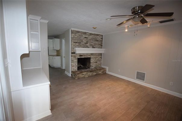 Empty room, Fireplace, Interior, Stone Walls, Wood Texture Flooring