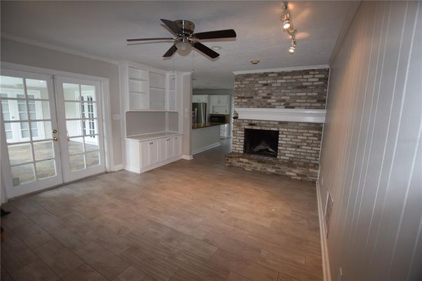 Empty room, Fireplace, Interior, Stone Walls, Wood Texture Flooring