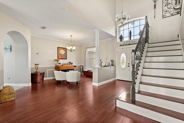 Chandelier, Dining room, Interior, Wood Texture Flooring