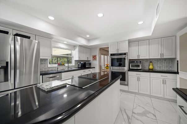 Interior, Kitchen, Marble, Recessed Lighting, Stainless Steel Appliances