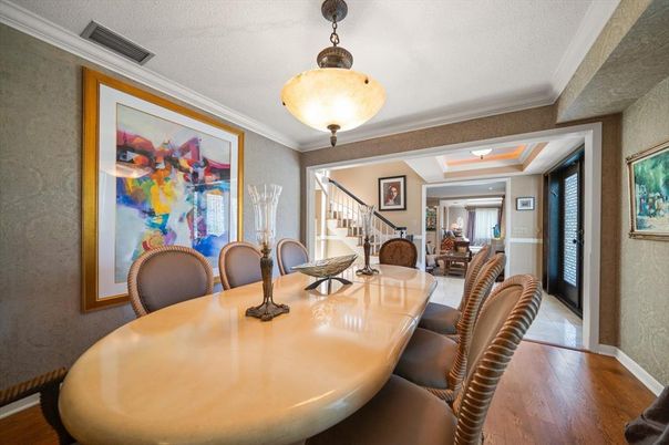 Dining room, Interior, Pendant Lights, Wood Texture Flooring
