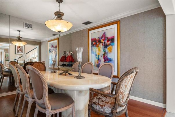 Dining room, Interior, Pendant Lights, Wood Texture Flooring