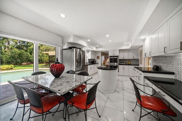 Dining room, Interior, Kitchen, Marble, Recessed Lighting, Stainless Steel Appliances