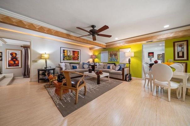 Dining room, Interior, Living room, Recessed Lighting, Wood Texture Flooring