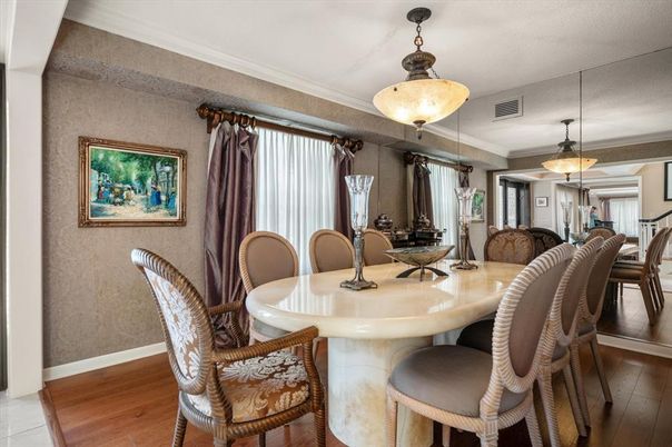 Dining room, Interior, Pendant Lights, Wood Texture Flooring